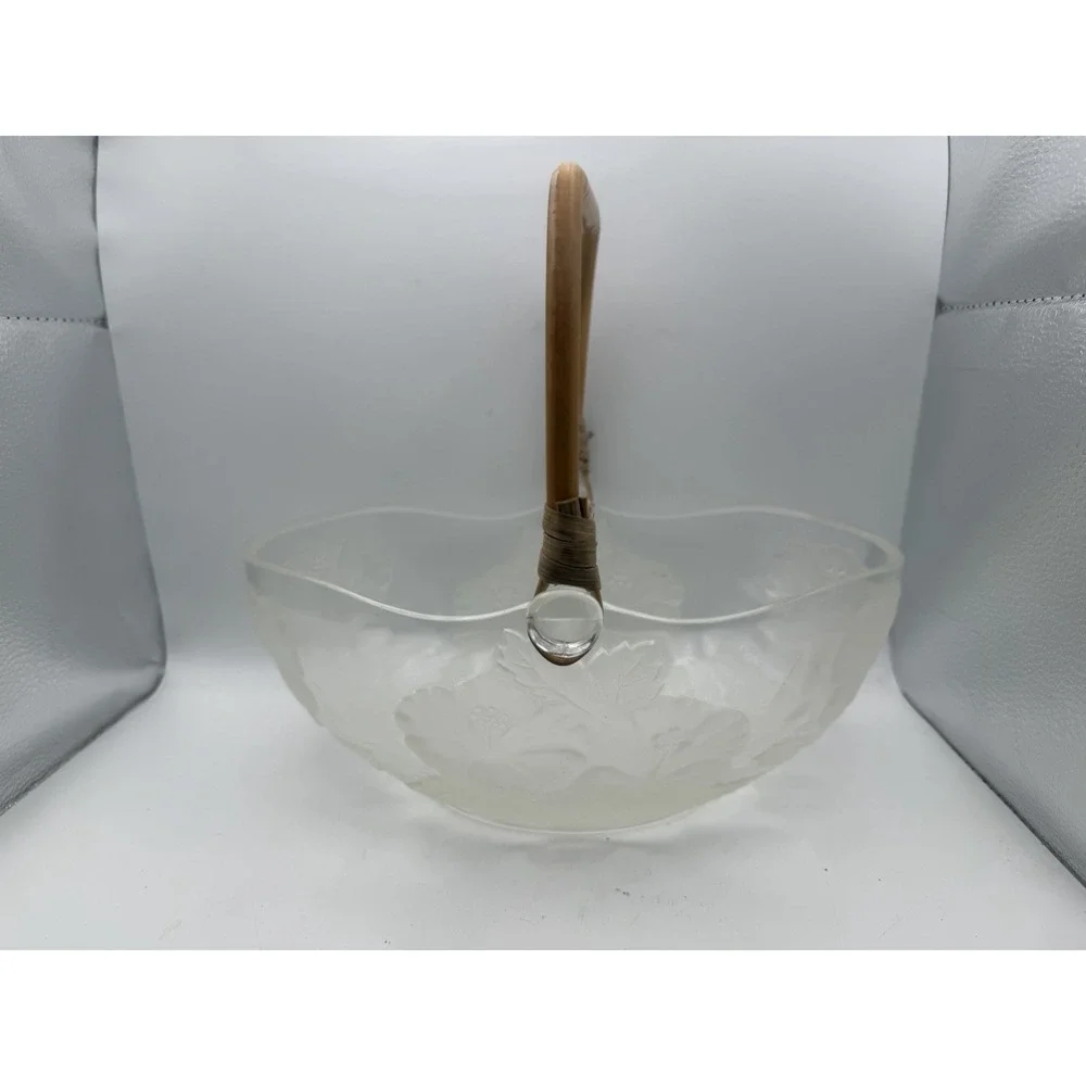 Vintage Aderia Etched Glass Large Bowl Floral Design Bamboo Handles